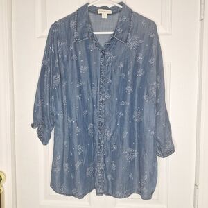 Coldwater Creek Blue Floral Embroidered Shirt